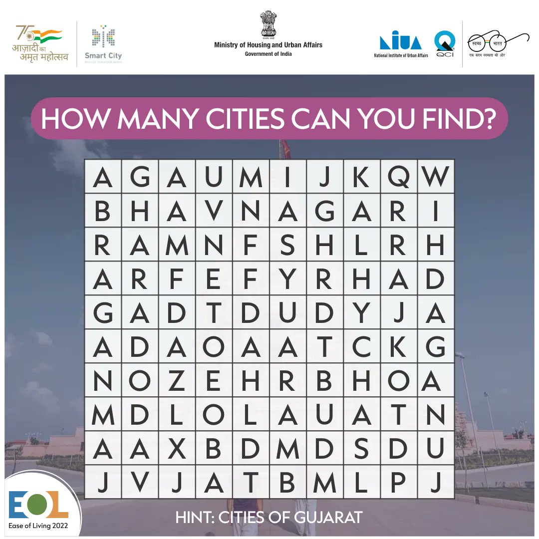 Comment down the name of a few cities that you can find.
Let's see you gets the most.
Do share with your friends!

Share your opinion: eol2022.org/CitizenFeedback
#easeofliving2022 #YeMeraSheharHai #MyCityMyPride