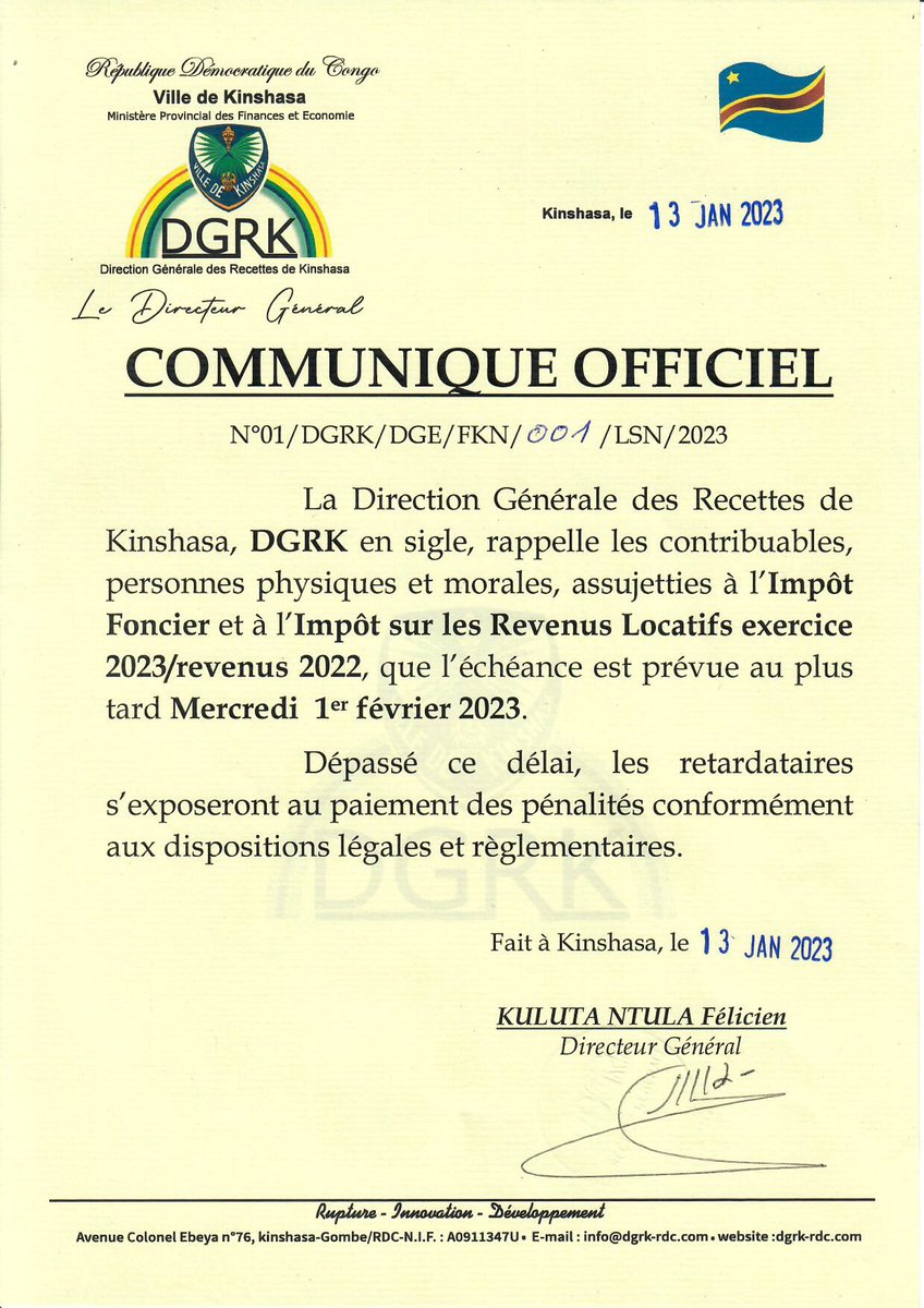 KulutaNtula's tweet photo. A tous les contribuables personnes morales et physiques assujetties à L’IF et l’IRL exercice 2023 revenus 2022, au plus tard ce 1er Février 2023 est la date butoir fixée pour l’échéance. https://t.co/ewtYagclXK