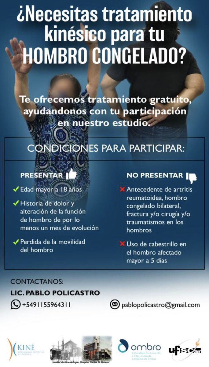 Atención colegas: estamos reclutando pacientes con hombro congelado que vivan en la Ciudad de Buenos Aires o cercanías para participar de un estudio. Se agradece muchísimo la difusión 🙌🏽
#hombrocongelado #frozenshoulder #capsulitisadhesiva #adhesivecapsulitis