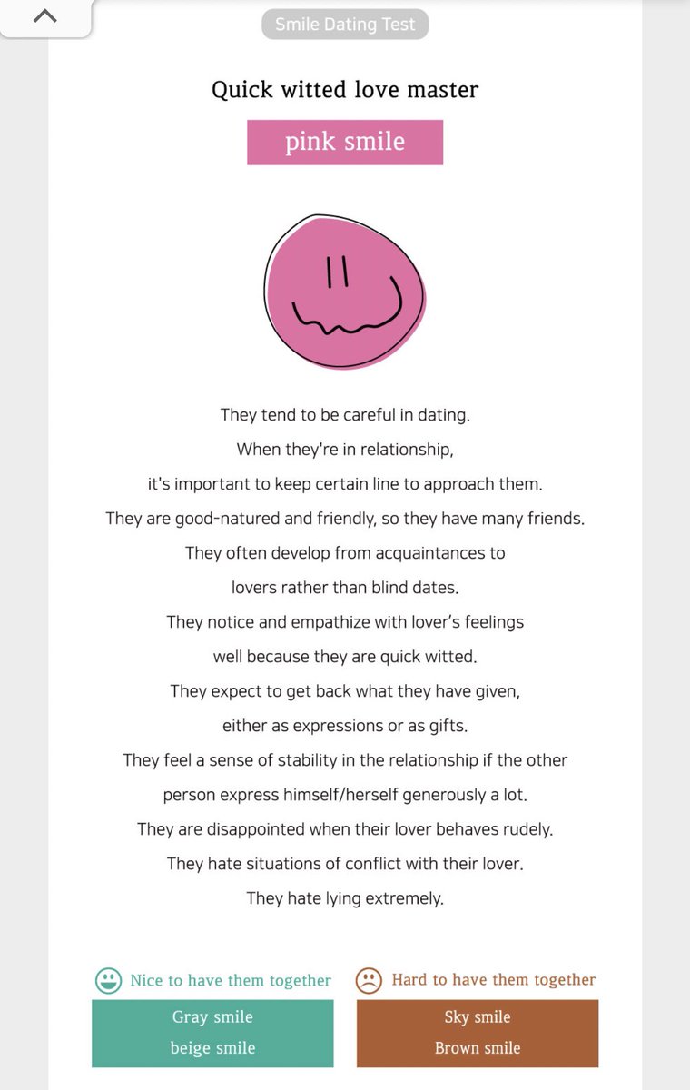 ลองเล่นอันนี้กันรึยังงง smile dating test😄💖🌈🎨 จะมีแบบสอบถามสั้นๆให้ทำแล้วประเมินว่าเราเป็นหน้ายิ้มสีอะไร มีนิสัยการเดทแบบไหน ทำขำๆแต่ตรงอยู่นะแม่