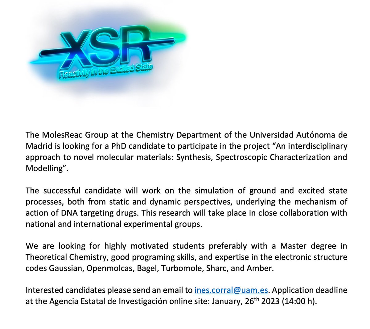 Ines Corral (@icorraluam) on Twitter photo Want to join us? Application for a 4 year PhD #FPI contract at the Chemistry Department of <a href="/UAM_Madrid/">UAM Autónoma Madrid</a> is now open to work on the simulation of the mechanism of action of DNA targeting drugs. DM for more info. Want to join us? Application for a 4 year PhD #FPI contract at the Chemistry Department of <a href="/UAM_Madrid/">UAM Autónoma Madrid</a> is now open to work on the simulation of the mechanism of action of DNA targeting drugs. DM for more info.