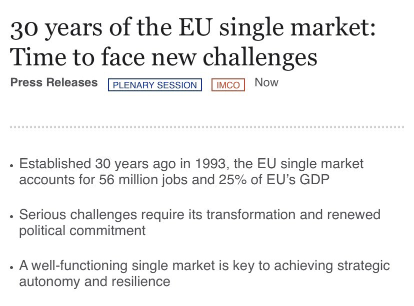 Press release 📢 30 years of the EU single market: Time to face new challenges

Parliament adopted today a resolution on the 30th anniversary of the EU single market with 537 votes in favour, 35 against and 66 abstentions.

Read more ↘️ europarl.europa.eu/news/en/press-…