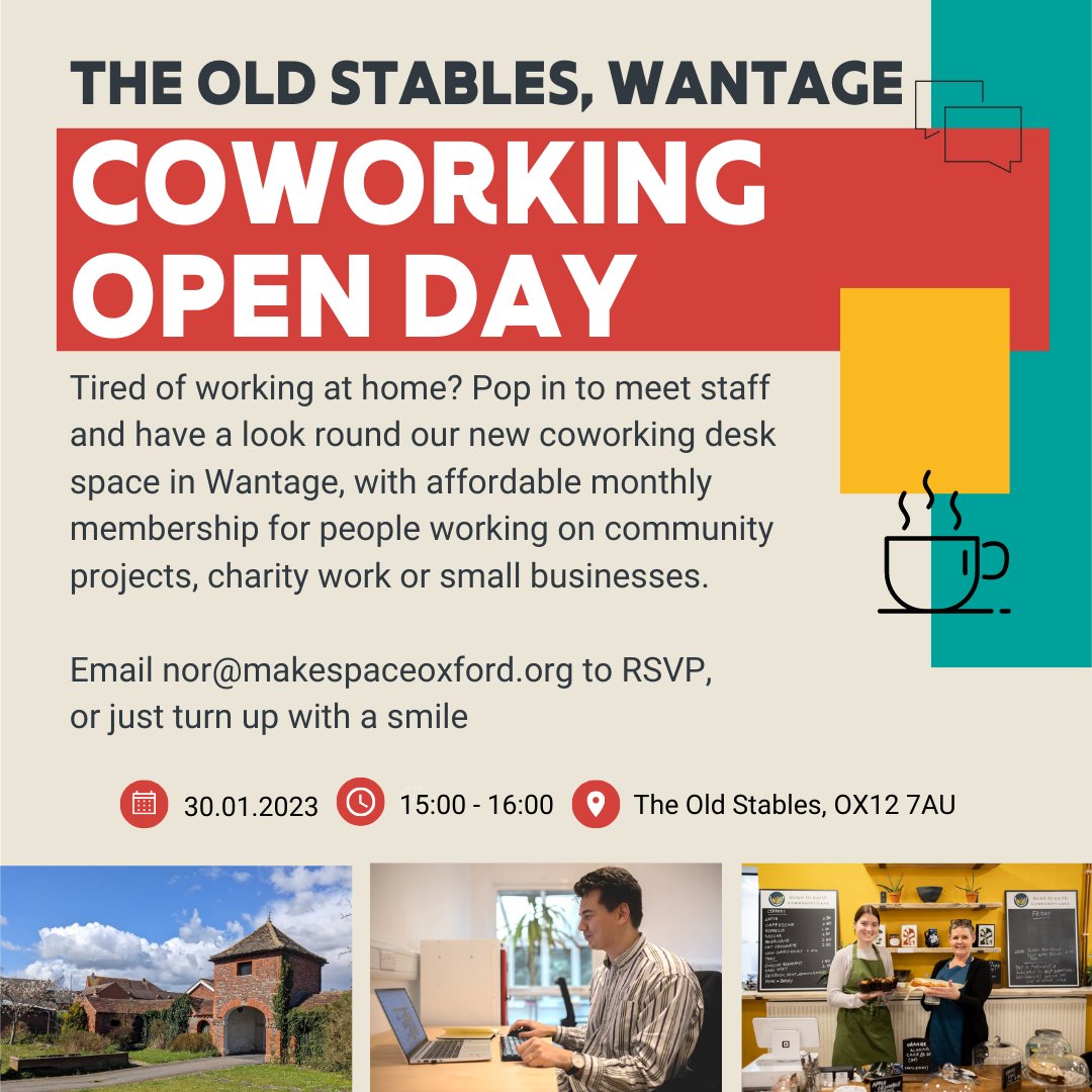 We're running an open day at our brand new co-working space in Wantage - The Old Stables! 30/01/2023

Affordable workspace for local social enterprises, artists, entrepreneurs, change-makers and community groups!

#affordableworkspace #meanwhileinoxfordshire