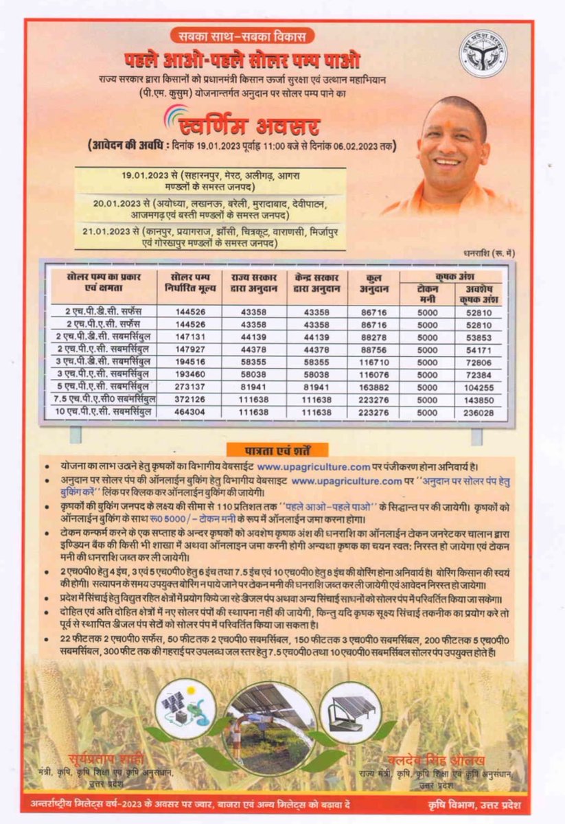 राज्य सरकार द्वारा किसानों को पी.एम. कुसुम योजना के अंतर्गत अनुदान पर सोलर पम्प पाने का सुनहरा अवसर है ! योजना का लाभ लेने के लिए कृषि विभाग की वेबसाइट upagriculture.com पर  ``अनुदान पर सोलर पम्प हेतु बुकिंग करें`` लिंक पर क्लीक करके बुकिंग की जा सकती है !
<a href="/myogiadityanath/">Yogi Adityanath</a>
