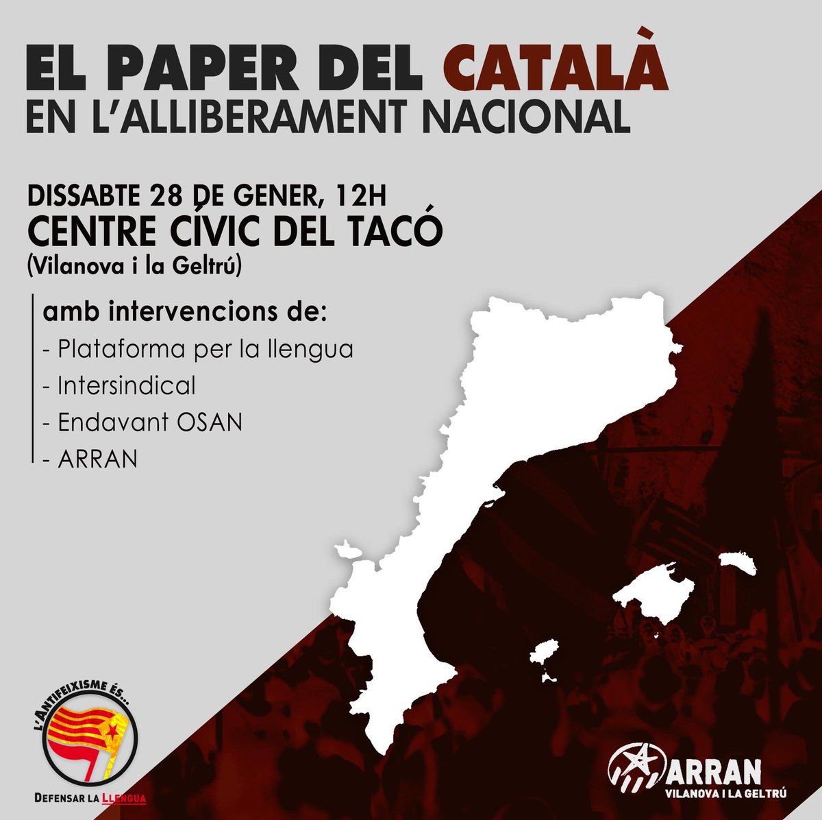🔥 Dissabte 28 de gener Arran Vilanova i la Geltrú fem la segona xerrada de la campanya #AntifeixismeÉsLluita 🔥

📍 Centre Cívic del Tacó
🗓️ Dissabte 28 de gener
⏰ 12h

👉🏻 Quin és el paper del català en la lluita per l’alliberament nacional?

💥 Apropa-t’hi!