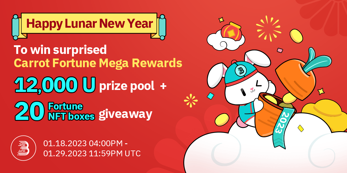 🐰 Happy Lunar New Year, To win surprised Carrot Fortune Mega Rewards!
🥕12,000 USDT prize pool + 20 Fortune NFT giveaway

🐰Follow <a href="/BitMartResearch/">BitMart Research｜$BMX HODLer</a> <a href="/BitMart_Futures/">BitMart Futures</a>
🧧RT &amp; Tag 3 frds
🚀Fill:datasink.bitmart.site/t/UX

🔥Details: datasink.bitmart.site/t/rX
🕙01/18/2023-01/29/2023 UTC