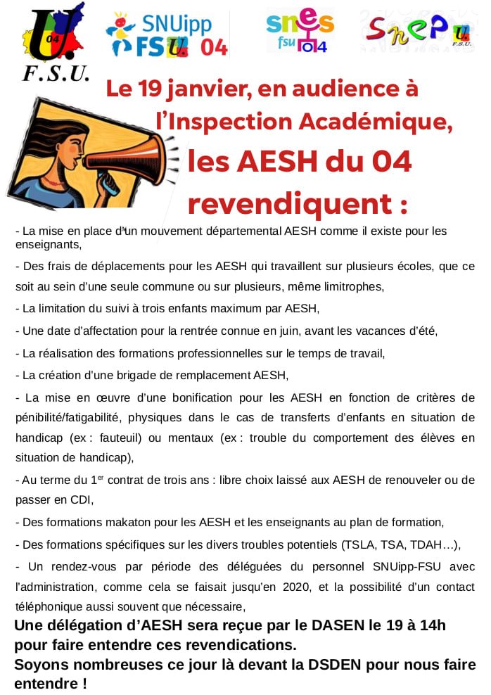 SNUipp04's tweet photo. Et demain également une délégation d'AESH sera reçue par le DASEN pour faire valoir ses revendications. Tous·tes devant l'IA pour les soutenir! https://t.co/2omHCghguk