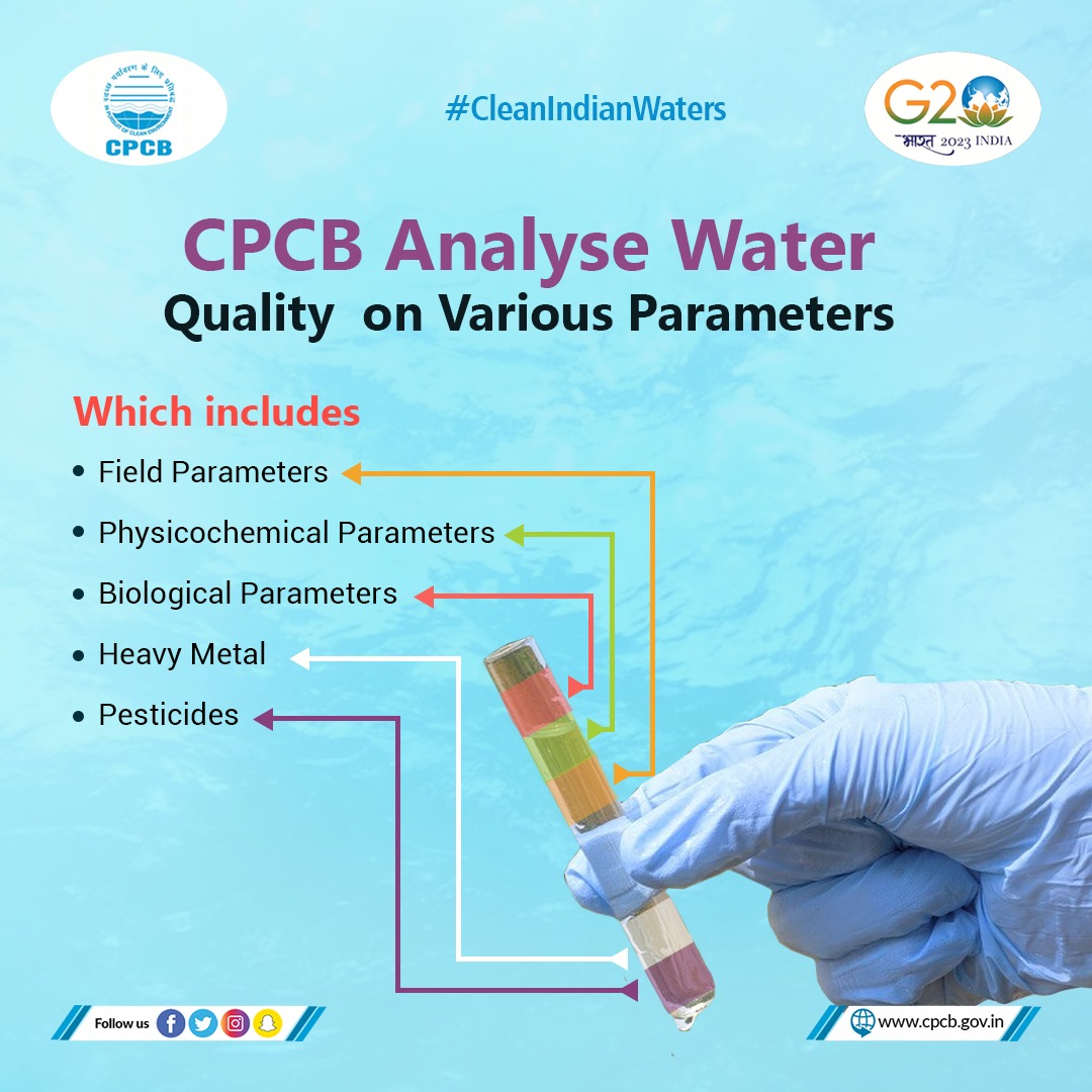 CPCB_OFFICIAL's tweet photo. Water samples collected are analyzed for various Surface water &amp; groundwater parameters (63 Nos) as per Guidelines for Water Quality Monitoring, 2017 issued by MoEF&amp;CC.
.
.
.
#StopWaterPollution #CleanIndianWaters #CPCB
@moefcc @byadavbjp @AshwiniKChoubey @DrGargava @PIB_India https://t.co/i9JUDIFyi4