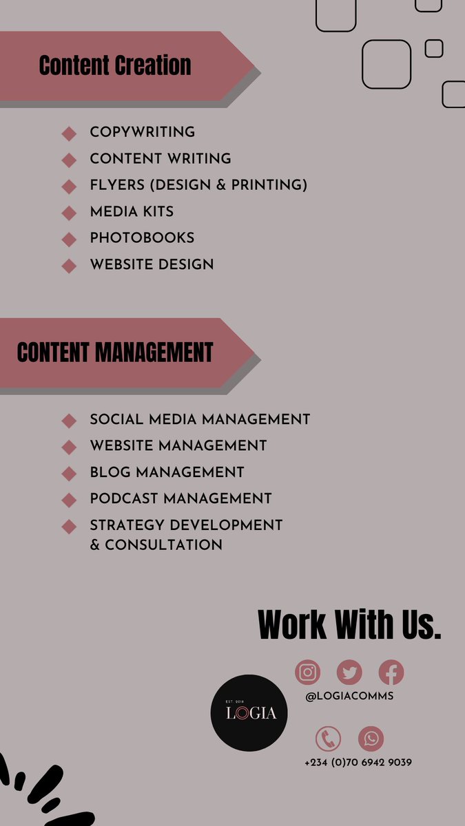 We are experiencing a service glow-up! 

Check out our new and improved #services, tailored to your needs and curated per your requests. 

Contact us at +234 70 6942 9039 to start working with us today!

#presskits #mediakit #Kadunabusinesswoman #websitecopywriter #nigerianblog