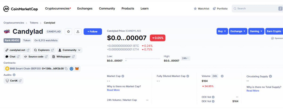 Dear CoinMarketCap Team, We request an update on Market Cap and Circulating Supply regarding Candylad tokens. please help, thanks

  CoinMarketCap link:
coinmarketcap.com/currencies/can…