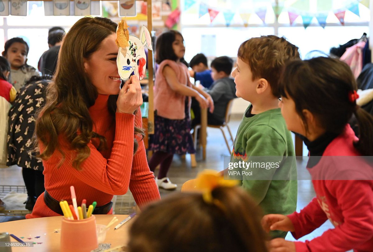 The Princess of Wales interacts with children making face masks during her visit to Foxcubs Nursery today, it's a part of her Early Years project.