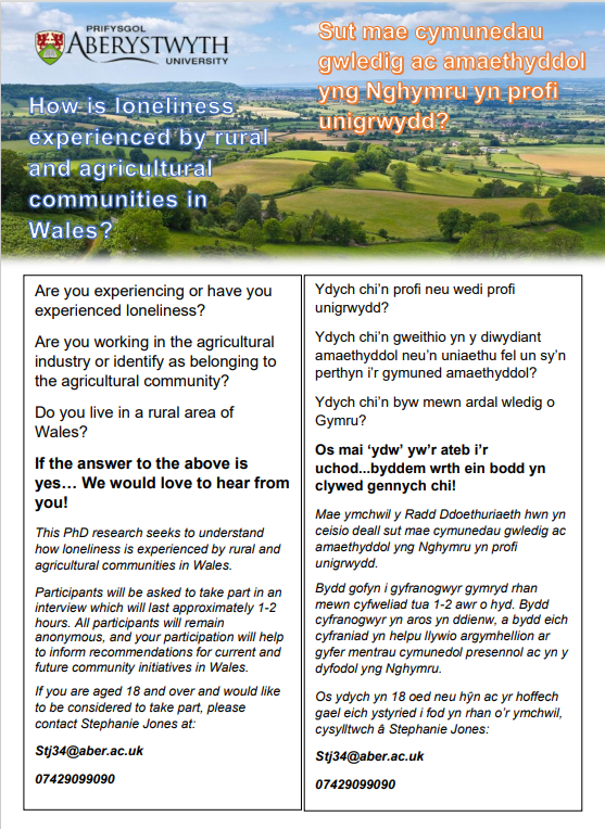 Ymchwil pwysig yn cael ei gynnal gan un o'n myfyrwyr PhD <a href="/Stephaniej310/">Stephanie Jones (Formerly Morris) MPH</a>. Mae mor bwysig clywed profiadau uniongyrchol pobl. A fyddech cystal â rhoi cyhoeddusrwydd i'r cyfle i gymryd rhan i unrhyw un y credwch a allai fod â diddordeb yn ardaloedd gwledig Cymru. #iechydgwledig