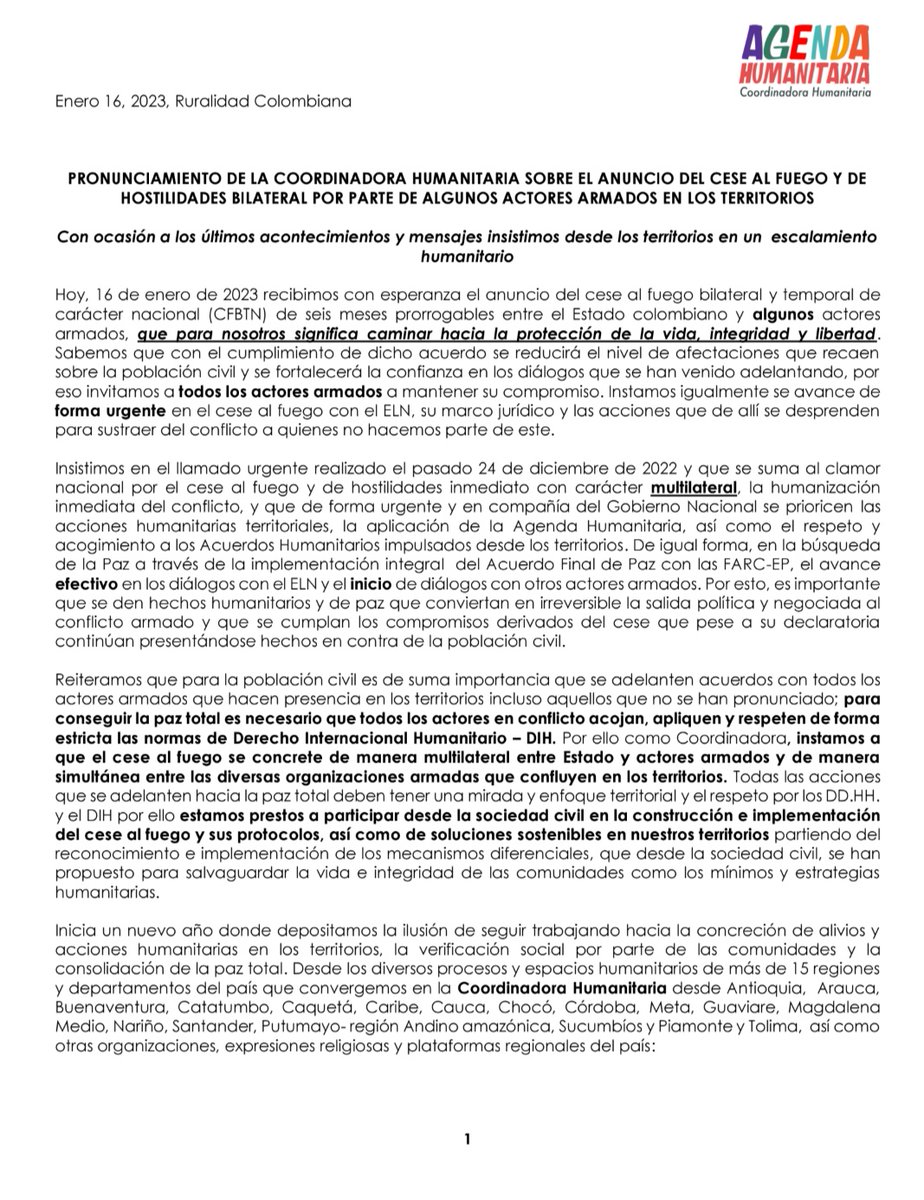 ConpazCol_'s tweet photo. #Paz🕊️| Pronunciamiento de la Coordinadora Humanitaria sobre el anuncio del cese al fuego y de hostilidades bilateral por parte de algunos actores armados en los territorios. 
@Peace_Presence @ONUHumanRights @MisionONUCol @gimena_wola @WfPSolidCollect https://t.co/vwku65J2Rf