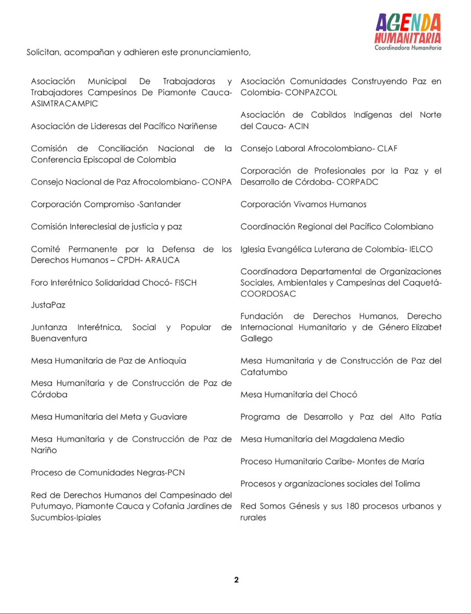 ConpazCol_'s tweet photo. #Paz🕊️| Pronunciamiento de la Coordinadora Humanitaria sobre el anuncio del cese al fuego y de hostilidades bilateral por parte de algunos actores armados en los territorios. 
@Peace_Presence @ONUHumanRights @MisionONUCol @gimena_wola @WfPSolidCollect https://t.co/vwku65J2Rf