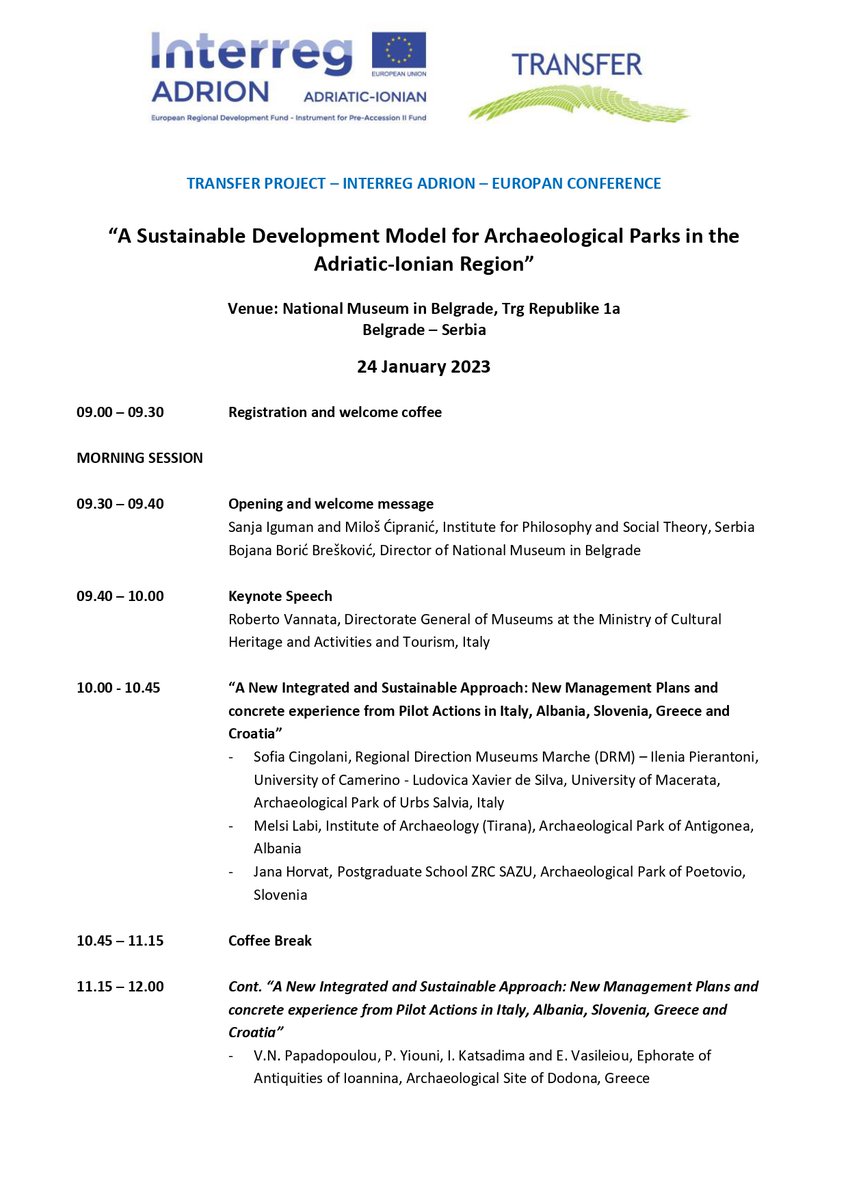IFDT_Beograd's tweet photo. Program for the TRANSFER EUROPEAN CONFERENCE
“A Sustainable Development Model for Archaeological Parks”
#AngažovanaMisao #EngagedThought #IFDT #conference @INTERREGADRION #culturalheritage #transfers #adriontransferproject #adriontransfer #InterregAdrionProgramme https://t.co/VkfFyb3oNi