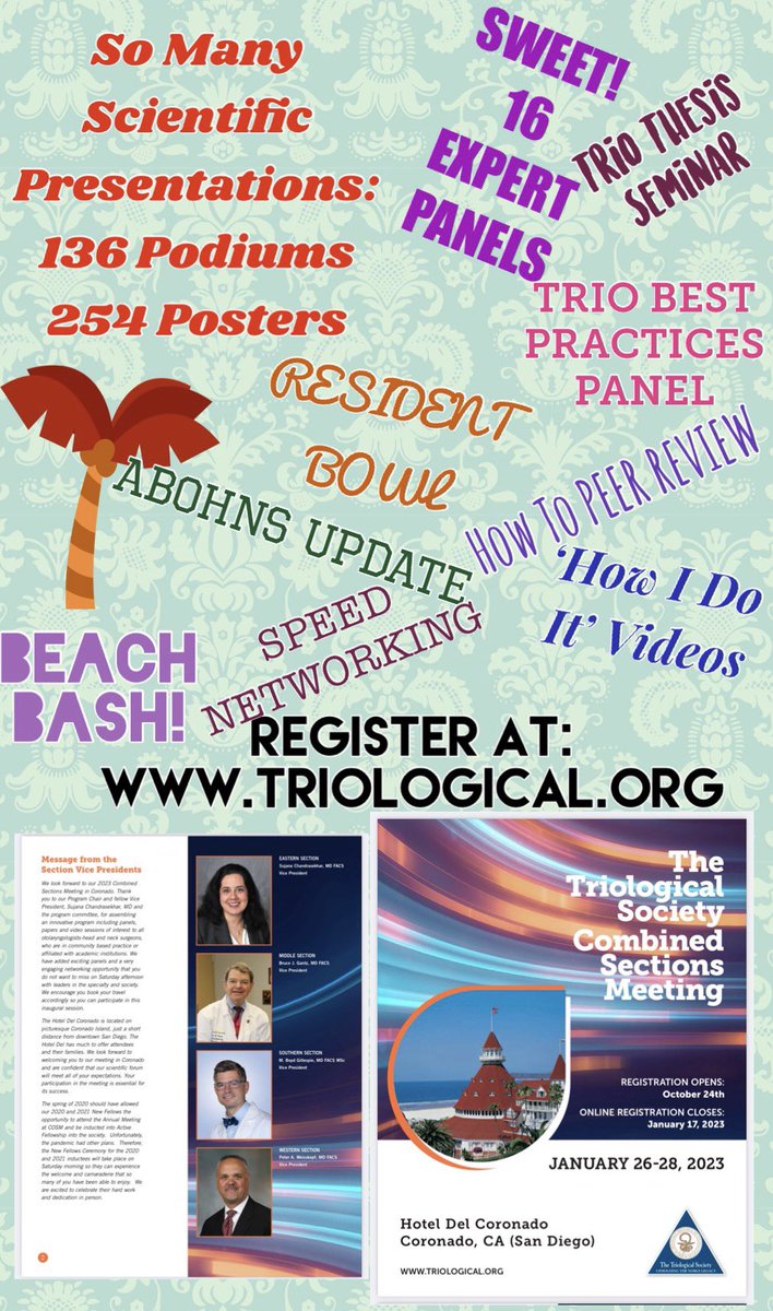 DrSujanaENT's tweet photo. Looking forward to friendships, knowledge, networking at @Triological Combined Sections Meeting at the @delcoronado next week - including the @CookOHNS sponsored #womeninoto #womeninENT event on Friday! See you nifty folks there! https://t.co/8XrbsEGHhI