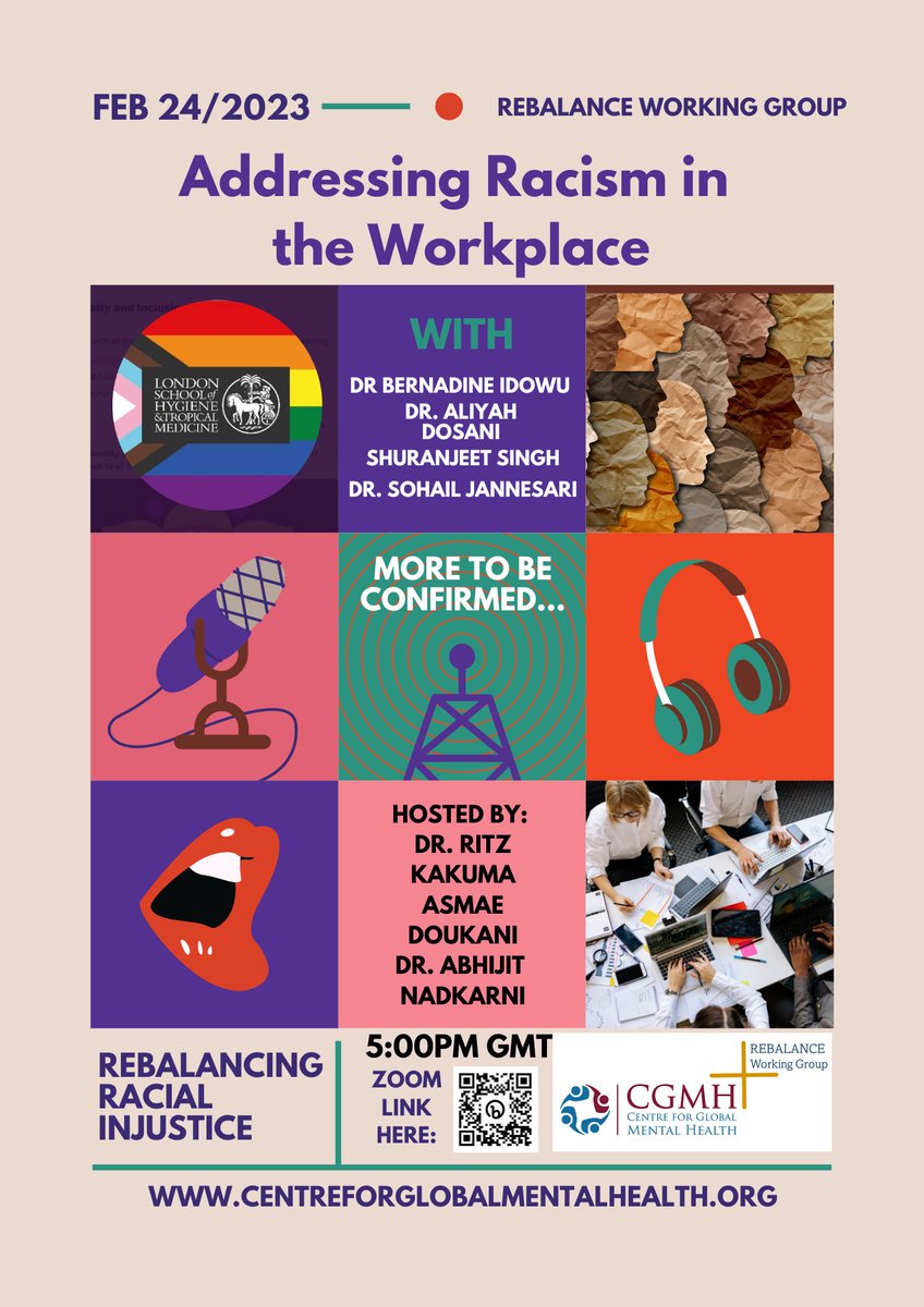 Osahermosa2010's tweet image. 🚨🚨🚨&quot;Addressing #racism in the #workplace&quot; hosted by Rebalance WG @GMentalHealth 
📆24Feb 2023 
⏲️5pm UK
📢Speakers: @toyinyacncay, Aliyah Dosani from @mountroyal4u, @Shuranjeet &amp;amp; @SohailJannesari
🪑: Ritsuko, Asmae and Abhijit
Information to connect 👉 bit.ly/3iIsukq