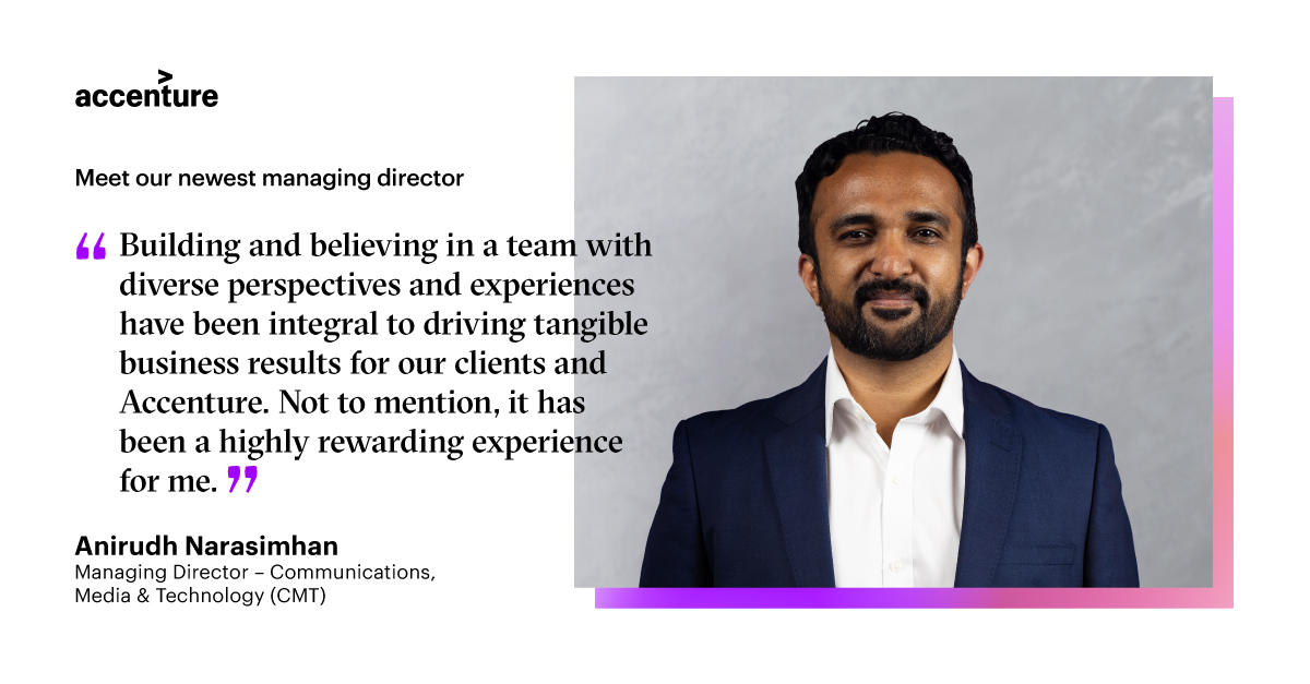 Cheers to Anirudh Narasimhan, who recently assumed the role of managing director. 🥂 He helps our CMT clients drive agile business operations with data and tech. Embrace change and advance your career like Anirudh. Join us: accntu.re/3kdHKG7