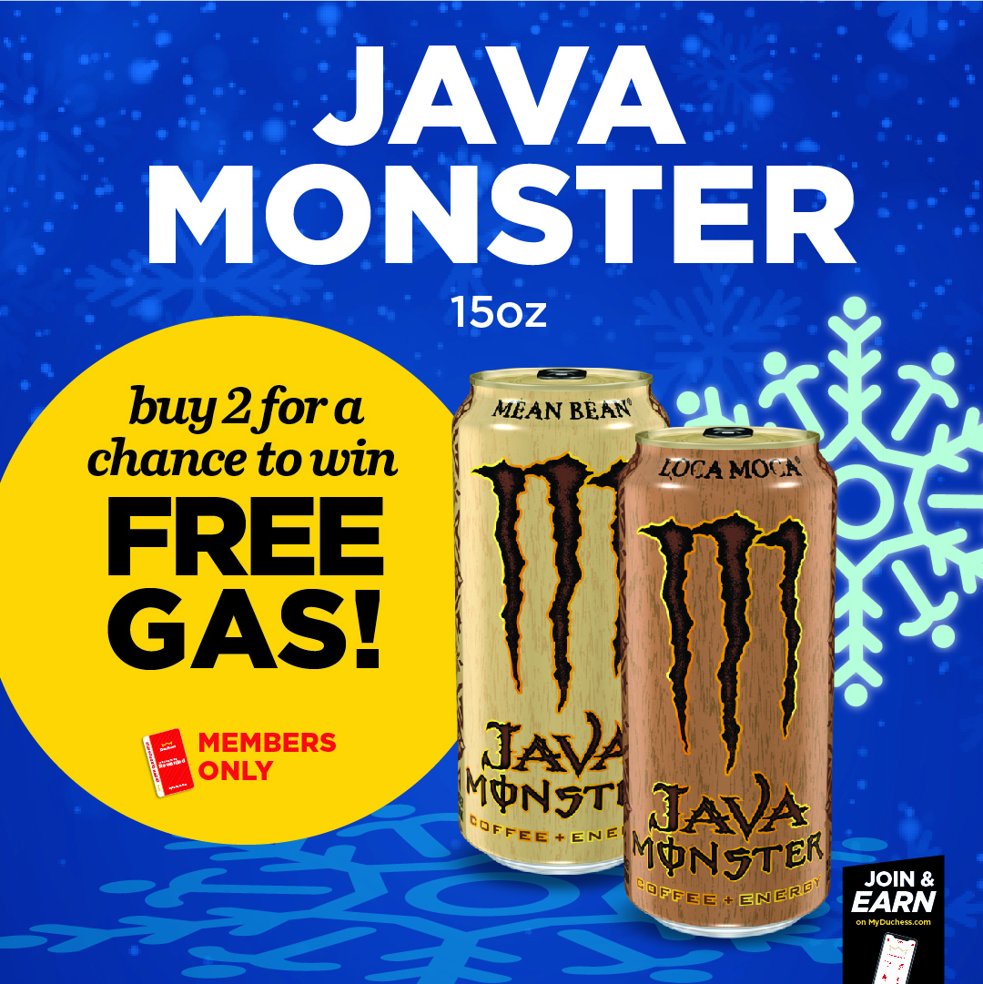 duchessshoppe's tweet photo. Wake up, energize, and enter to WIN FREE GAS when you BUY 2 JAVA MONSTER 15oz. https://t.co/PvHAM8iFAt