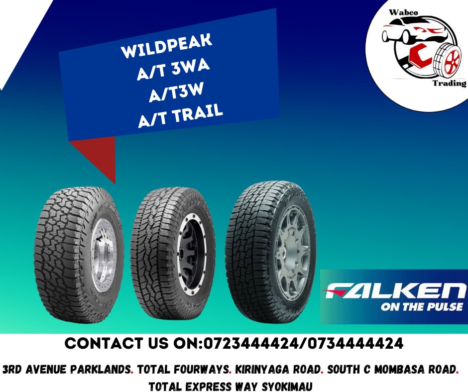 Wabcomobilityke's tweet photo. Excellent all-terrain performance is the best ever from Falken. Visit @CompanyWabco and check out the available Wildpeak A/T series.
#wabcotyres #falken #FalkenTyres #falkenkenya #falkenwildpeak #WildpeakWednesday #adventure #at3wa #at3w #attrail #safety #nairobi https://t.co/3sO6UcgPAM