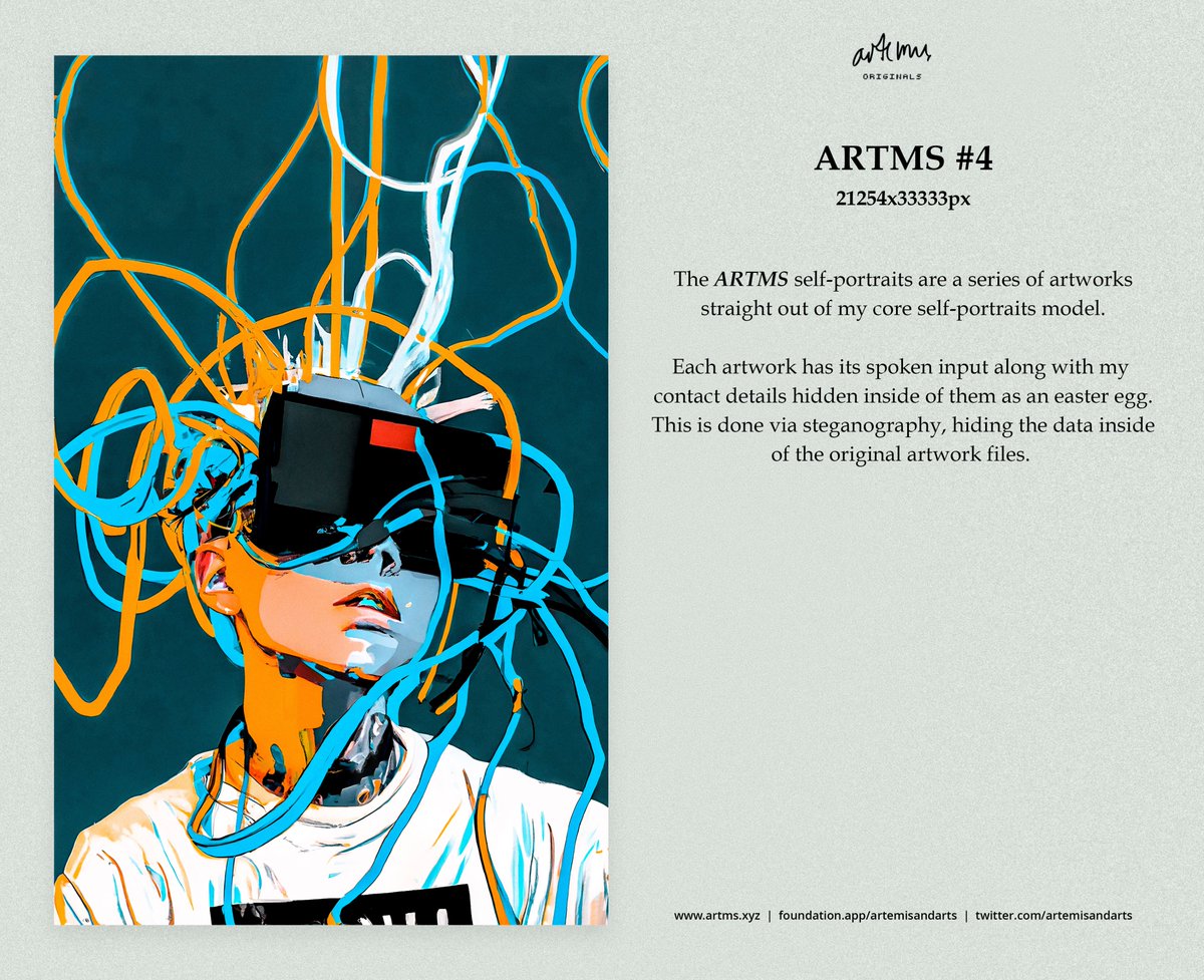 artemisandarts's tweet image. 'ARTMS #4'
21254x33000px

Yesterday I minted and today I listed ARTMS #4. 
This is an individual self-portrait of mine using my custom AI model where I speak my way through the input.

Available on @foundation: 
foundation.app/@artemisandart…