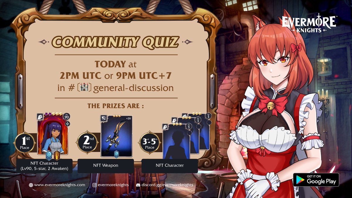 CreoPlay_app's tweet image. Hello Commissioners,
We are excited to announce that we will host a “Community Quiz Giveaway”

⏳Periode: The quiz will run Today, 18th January 2023, starting at 2:00 PM UTC or 9:00 PM UTC+7 on our Discord channel: discord.gg/evermoreknights.

#evermoreknights #quiz #Discord
