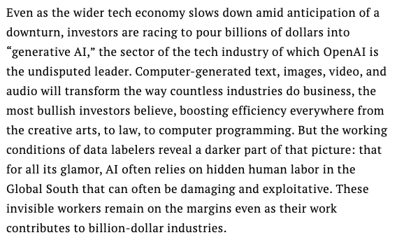 Their working conditions reveal a darker side to the AI boom: that AI often relies on hidden, low-paid human workers who remain on the margins even as their work contributes to a multibillion-dollar industry. (6/8)