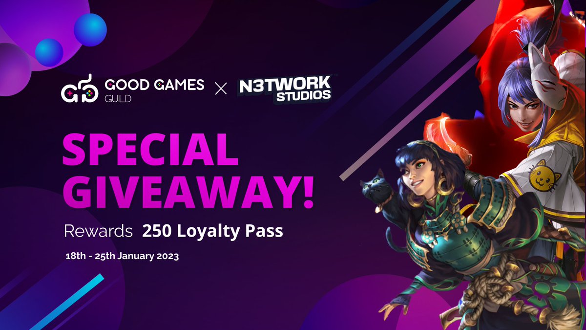 goodgamesguild's tweet photo. GGG #Giveaway is coming🥳🎉

Win 250 Loyalty Pass of @N3tworkStudios by joining this special giveaway! 

✍️HOW TO JOIN?
✅Follow @N3tworkStudios &amp; @goodgamesguild
✅RT &amp; share
✅Tag 3 friends
✅Fill out the form: https://t.co/y93C4nuyaT

✨End: 25th Jan 2023

#NFT #P2E $GGG #LHU https://t.co/uXnHuQViUD