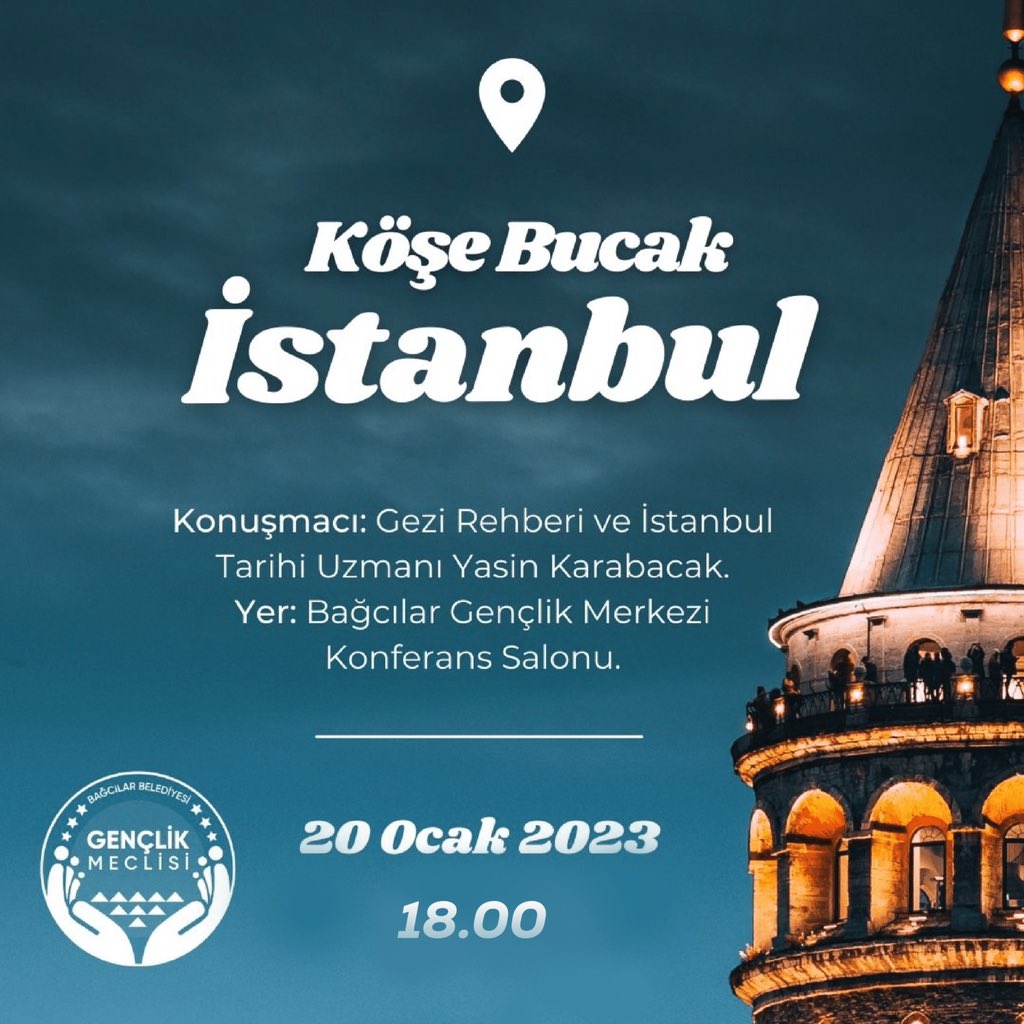 BBGencMeclis's tweet photo. Bu hafta 20 Ocak Cuma günü Gezi Rehberi ve İstanbul Tarihi Uzmanı Yasin Karabacak "Köşe Bucak İstanbul" adlı sohbetiyle bizlerle olacak...

@abdullahozdemir 
@ndertemur2 

#bağcılarbelediyesi
#bağcılargenclikmeclisi https://t.co/Cqj56DEVXZ