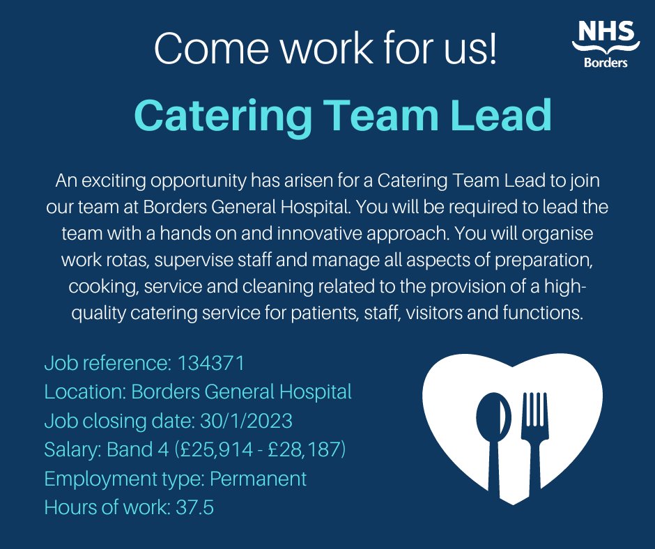 Come work for us! We're looking for a Catering Team Lead to join our team at Borders General Hospital. 

📅 Applications close Monday 30 January.

👉For more info, visit: ow.ly/zpZl50MtI1l

#NHSJobs #BordersJobs