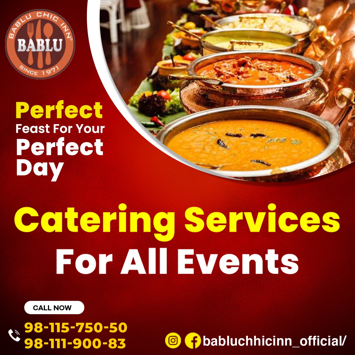 Perfect Feast For Your Perfect Day!!!!
We are here to make your life easier. Our catering services are designed to meet your specific needs.

CONTACT US NOW
📲 9811575050
📲 9811190083

#chickentikka #discount #ordernow #onlinerestaurent #yummydish #spicydish #vegfood #tikka