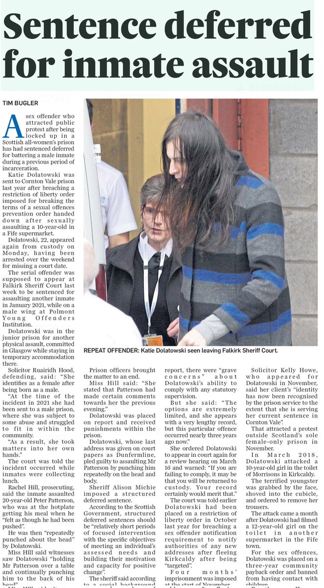 AgentP22's tweet image. A sex offender, who sexually assaulted a 10 year old girl in Morrison's toilets in Kirkcaldy, assaulted someone in a male prison, then identified as female, is now called Katie and is serving her sentence in a women's prison.

Does anyone still think the GRR bill is a good idea?