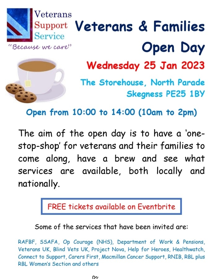 Veterans! Only 7 days left to get your FREE ticket(s) on Eventbrite

Date: Wednesday 25 Jan 2023 
Doors open at 10:00 and close at 14:00 

Location: North Parade, Skegness, PE25 1BY

Please book your FREE tickets on Eventbrite using the following link: 

eventbrite.co.uk/e/veterans-fam…