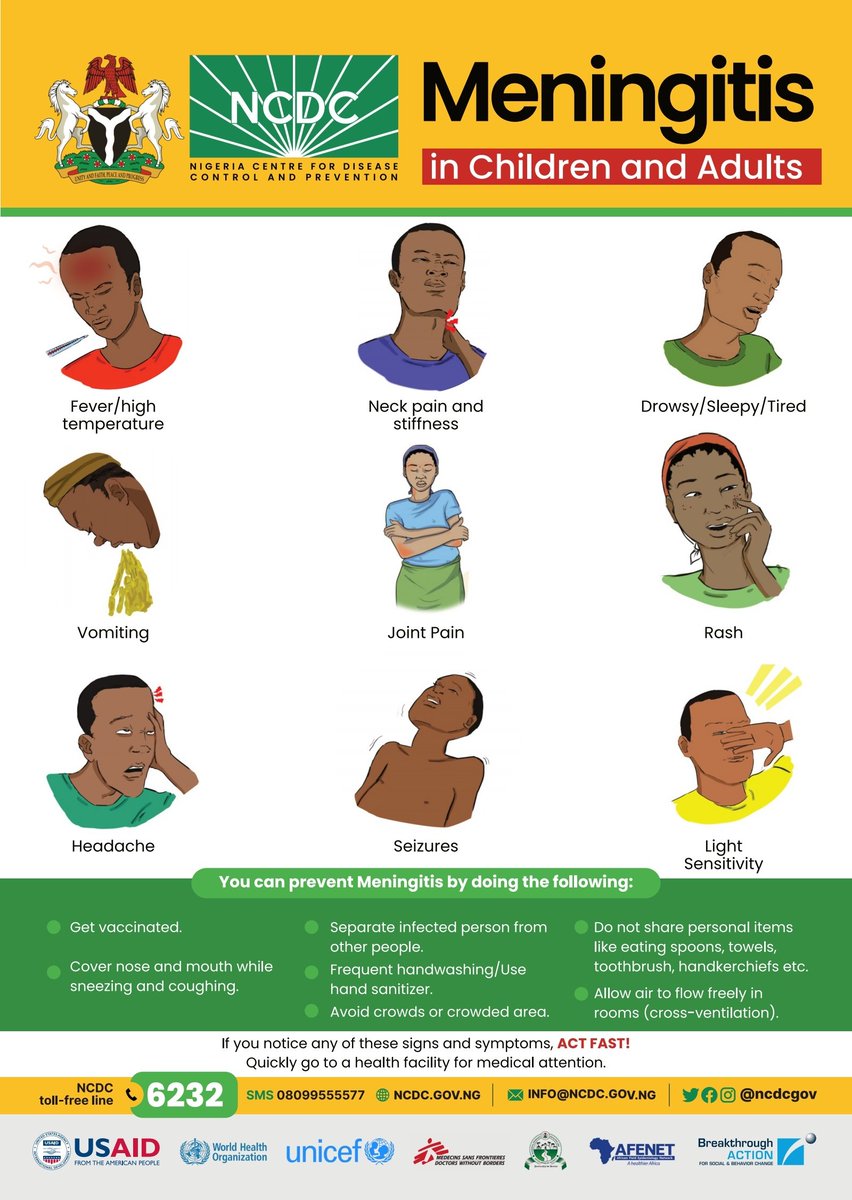 NCDCgov's tweet photo. Are you familiar with the signs of #Meningitis in ADULTS  and CHILDREN?

Cerebrospinal #Meningitis is a MEDICAL EMERGENCY!

Early reporting to a healthcare facility is critical.

#StaySafeStayHealthy https://t.co/CuiKcAEMhQ