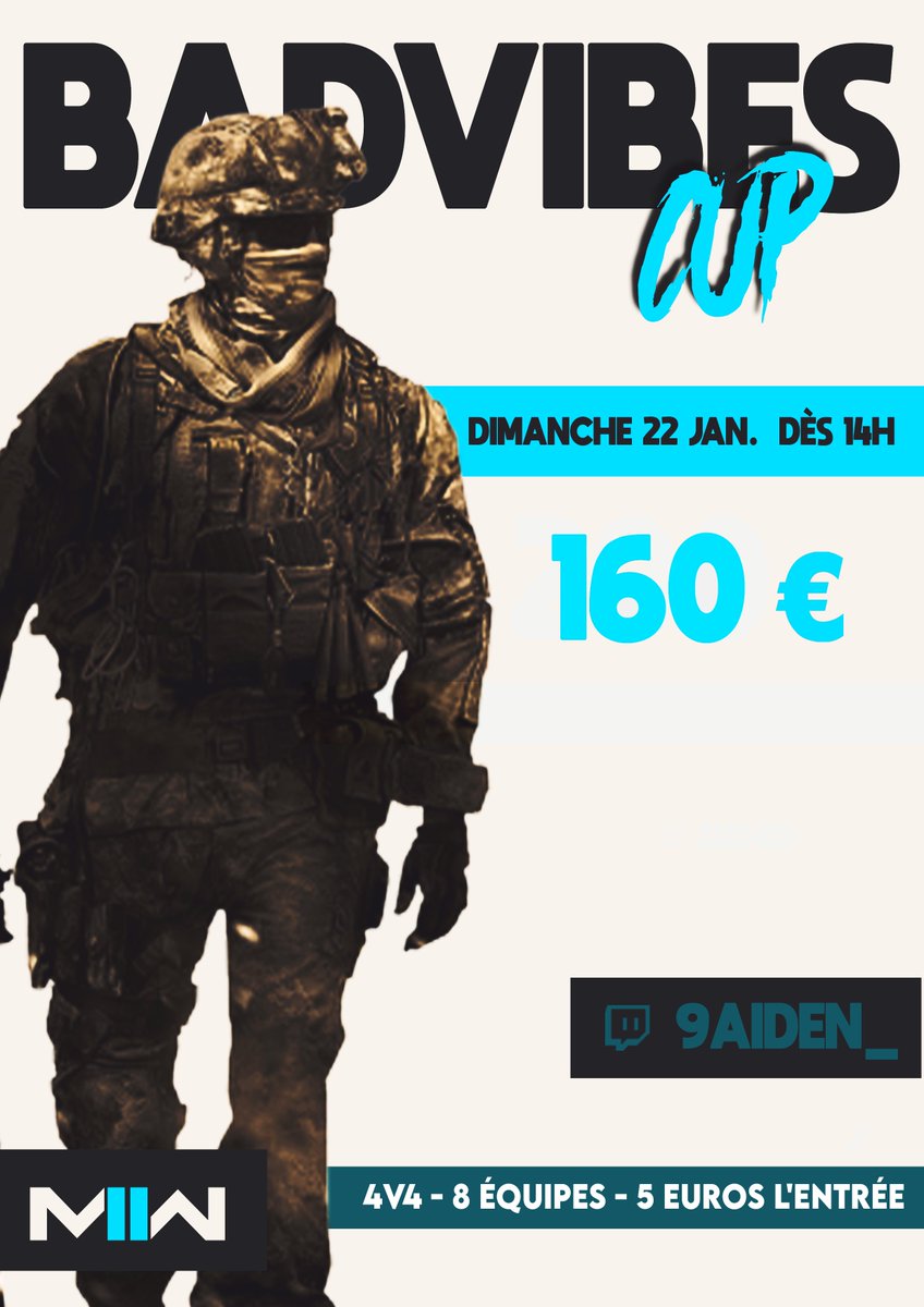 Bad Vibes Cup #1

Dimanche 22 Janvier dès 14 Heures

Tournoi avec équipe tirée au hasard !

👤 32 joueurs
💥 8 équipes - 4vs4
💳 5 euros l'entrée
🎁 160 euros de cash pour le top 1

📩 Inscription via mes DM !
 🚨30 RT j'ouvre le tournoi à 42 joueurs🚨