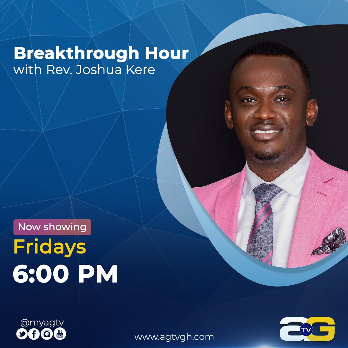 myagtv's tweet photo. Join “Breakthrough Hour” with Rev Joshua Kere and receive an encounter with the unadulterated word of God that will shape your life and strategically position you for unprecedented breakthroughs every Friday at 6:00pm on AGTV.
#BreakthroughHour #myagtv #AGTV #TheGospelInspired https://t.co/i8dGYTXD2m