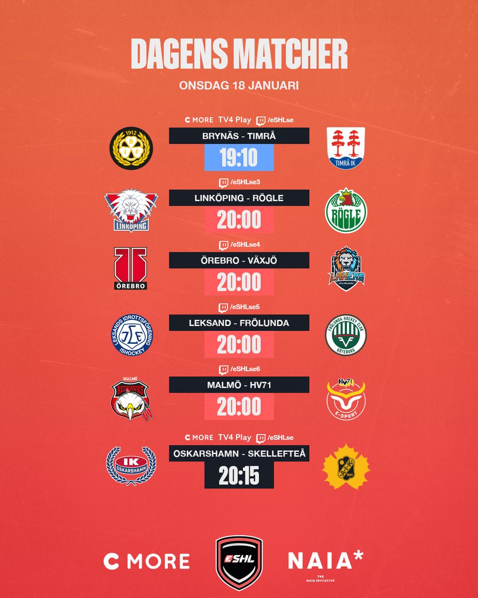 Ikväll fortsätter eSHL med andra omgången! 🔥 Huvudsändningen drar igång 19.00 med <a href="/MackanM/">Mackan Mackansson</a> &amp; <a href="/Esdor15/">Adam Ericson 🇺🇦</a> i studion. 

C More - bit.ly/eSHL-CMORE-omg2
TV4 Play - bit.ly/eSHL-TV4Play
Twitch - bit.ly/eSHL-Twitch

#eSHLse #NHL23