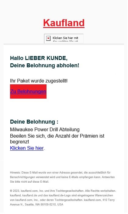 BSI_Bund's tweet photo. ❗Achtung❗
Aktuell tauchen vermehrt gefälschte E-Mails im Namen von Kaufland auf. Wir raten: Nicht auf die Links klicken und die Nachrichten löschen.
Wie man Phishing-Inhalte erkennt? Hier entlang: https://t.co/BJEwF5npdZ

#DeutschlandDigitalSicherBSI https://t.co/dvDwVTNT2I