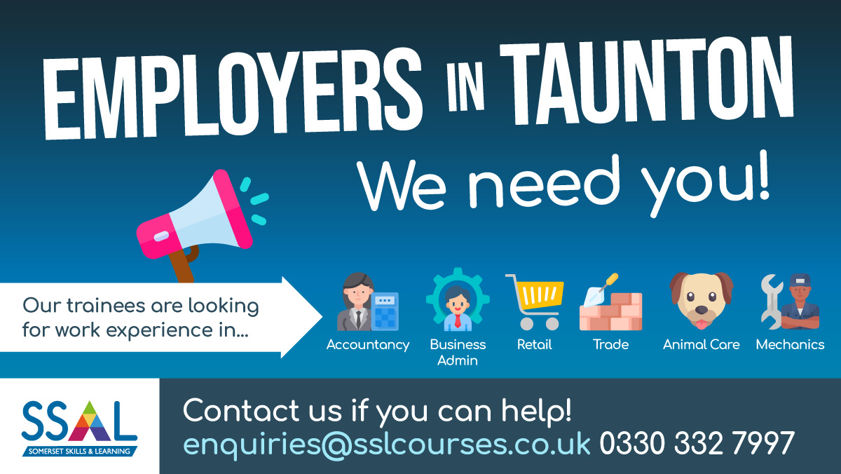 Can you help a young person take their first career step? We have some amazing trainees keen to find work experience placements in #Taunton
📍Business Admin, Accounting, Plumbing, Construction, Animal Care, Mechanics &amp; Retail
Visit sslcourses.co.uk/for-employers/… for more info
#employers