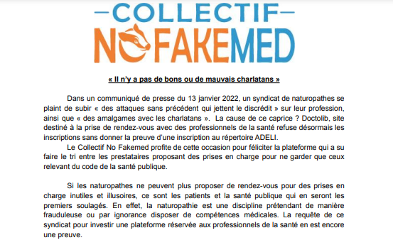 fakemedecine's tweet photo. Dans un communiqué de presse du 13 janvier 2022, un syndicat de naturopathes se plaint de subir « des attaques sans précédent qui jettent le discrédit » sur leur profession, ainsi que « des amalgames avec les charlatans ». 
Notre réaction. #CP
#Naturopathie
@Gravel91 @SoniaBackes https://t.co/5BTDiPTaP4