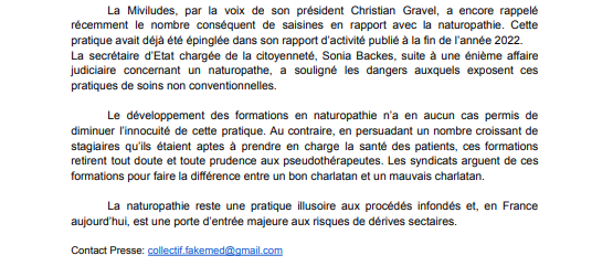 fakemedecine's tweet photo. Dans un communiqué de presse du 13 janvier 2022, un syndicat de naturopathes se plaint de subir « des attaques sans précédent qui jettent le discrédit » sur leur profession, ainsi que « des amalgames avec les charlatans ». 
Notre réaction. #CP
#Naturopathie
@Gravel91 @SoniaBackes https://t.co/5BTDiPTaP4