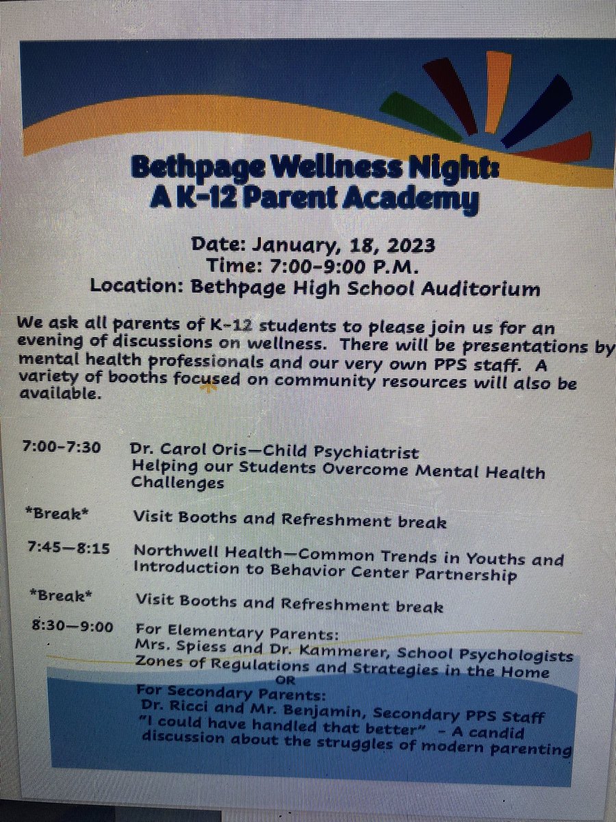 We look forward to seeing everyone at Wellness Night at Bethpage High School tonight at 7 pm! <a href="/lucchesi_lisa/">Lisa Lucchesi</a> <a href="/BethpageUFSD/">BethpageUFSD</a>