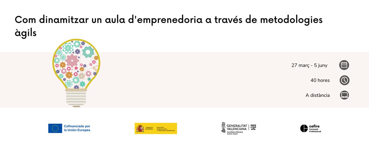 ‼️📢📢Formació a distància: Com dinamitzar un aula d'emprenedoria a través de metodologies àgils. 💡
✍️Inscripció fins 14/03
⏰40 hores
📆Realització del 27/03 al 05/06
💻A distància
➕ℹ️➡️🔗acortar.link/yTFt8L
<a href="/GVA_Cefire/">Formació, Innovació i Recursos per al Professorat</a>
<a href="/GVAeducacio/">GVA Educació</a>
