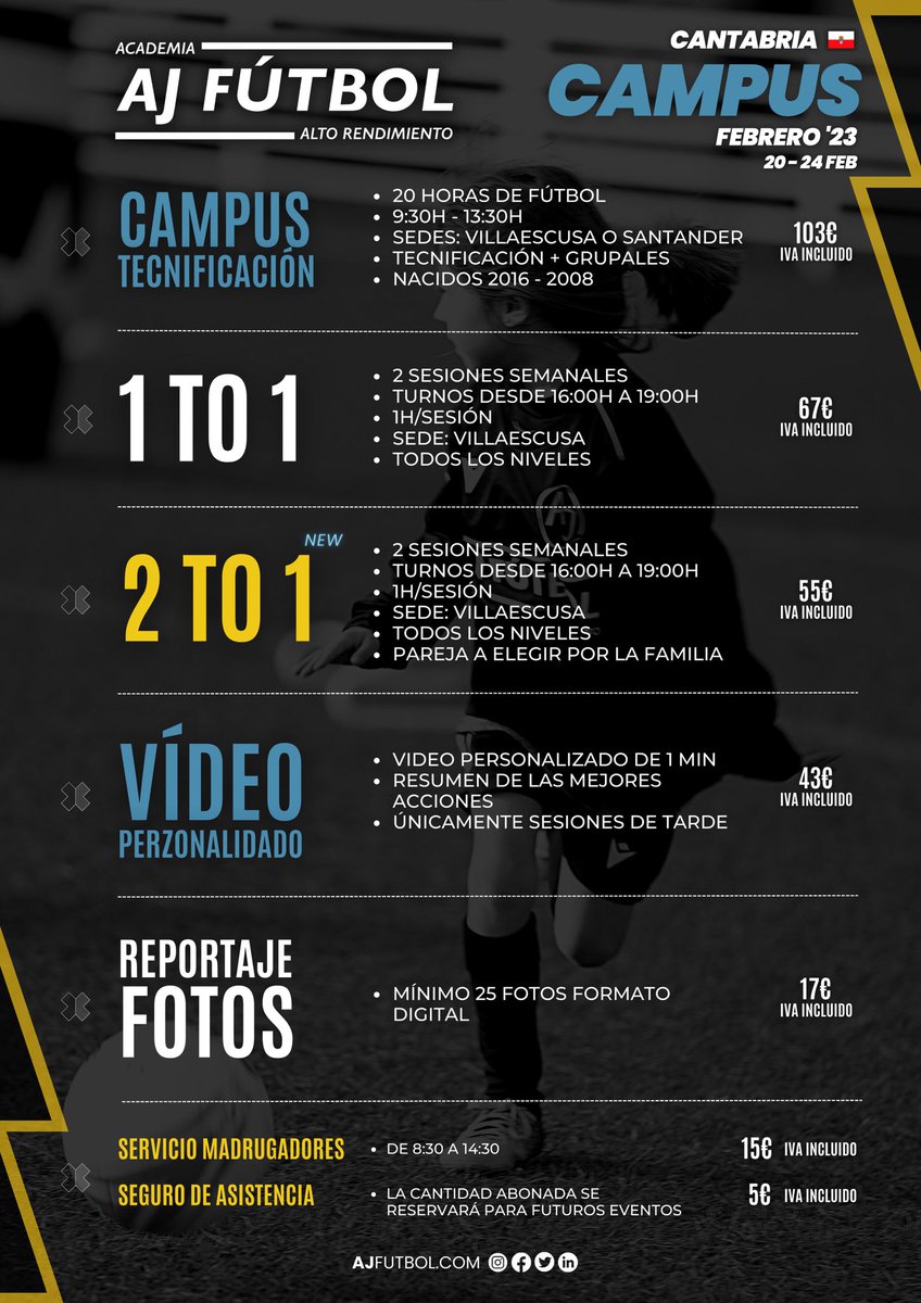 ❄️⚽️ CAMPUS TECNIFICACIÓN CANTABRIA FEBRERO ‘23 ⚽️❄️ 

🏴 PRIMERO DEL AÑO EN EL NORTE 🇵🇱 

🏟️ Villaescusa 
🏟️ Santander (Complejo Municipal Deportivo Ruth Beitia) 

✍🏼 Enlace inscripción: ajfutbol.playoffinformatica.com/actividad/7/AJ… 

#ajfutbol #socceracademy #campusaj #footballtraining #cantabria