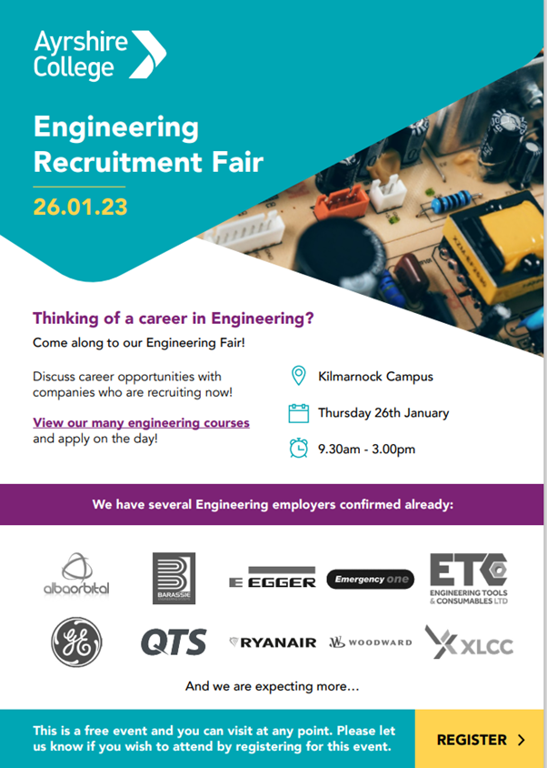 Ayrshire College Engineering Recruitment Fair. Details in poster below. Click the link to book your slot event.bookitbee.com/43310/engineer…. 
<a href="/DoonAcad/">Doon Academy</a> <a href="/Grange_Academy1/">Grange Academy</a> @WMCKilmarnockAc <a href="/Stewarton_Acad/">Stewarton Academy</a> <a href="/LoudounAcademy1/">Loudoun Academy</a> <a href="/StJoAcad/">St Joseph's Academy</a> @EACrobertburns