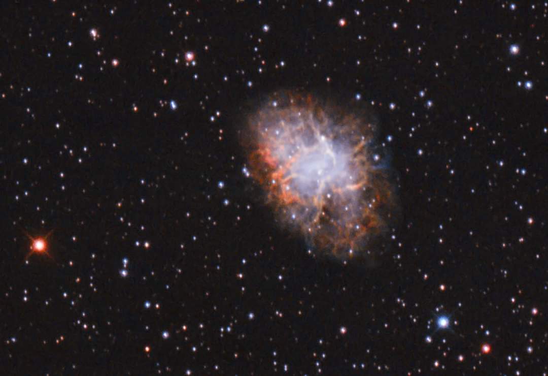 So much chaos in the world, but nothing like what's happening in space. M1 the Crab Nebula. Imagine seeing this star explode in 1054 A.D. And seeing in during the day for almost 2 years. Nearly 3 hours of exposure. 1606mm FL F/8 8' Ritchey Chretien #IoptronGem45 #ZWO #Canon