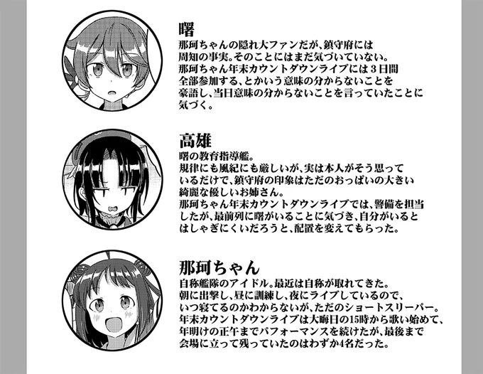 今までの艦これ本に入れてた登場人物紹介、我ながら気に入ってる。いつか那珂ちゃんライブ周りの漫画描いてみたい。 