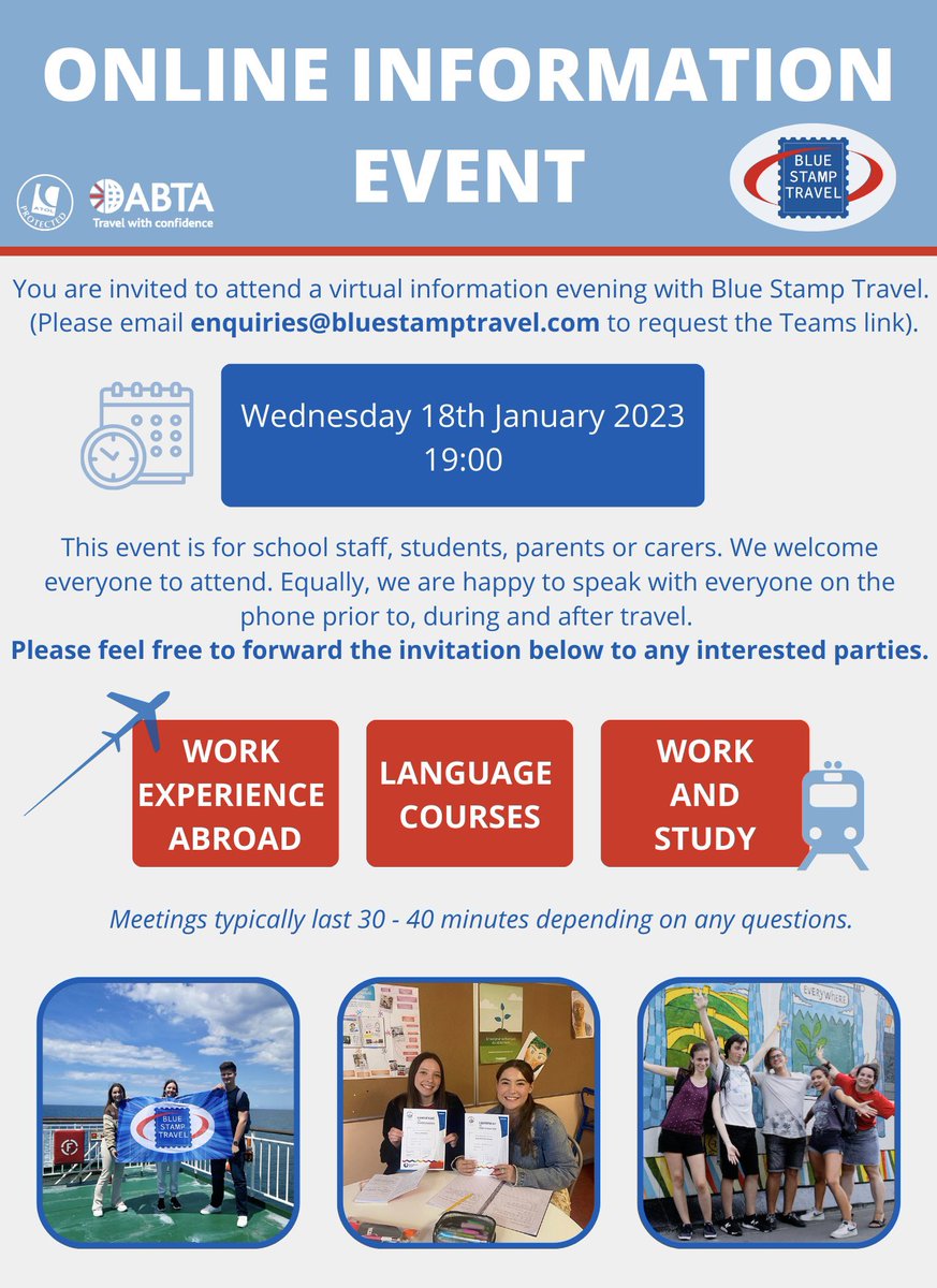 stamp_travel's tweet photo. Join us TONIGHT at 7pm! Either DM us or email enquiries@bluestamptravel.com to request the link.π #MFL #mfltwitterati #langchat #langtwt #mfltwt #mflchat #student #teacher https://t.co/hO9vTVjmWS