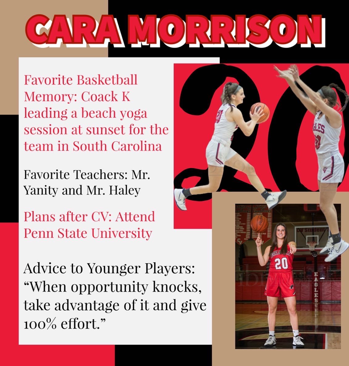cv_girlsbball's tweet photo. SENIOR SPOTLIGHT #3 - CARA MORRISON! Thank you for bringing your bright smile to this program! We love you! - #20 https://t.co/j70QI9K8ra