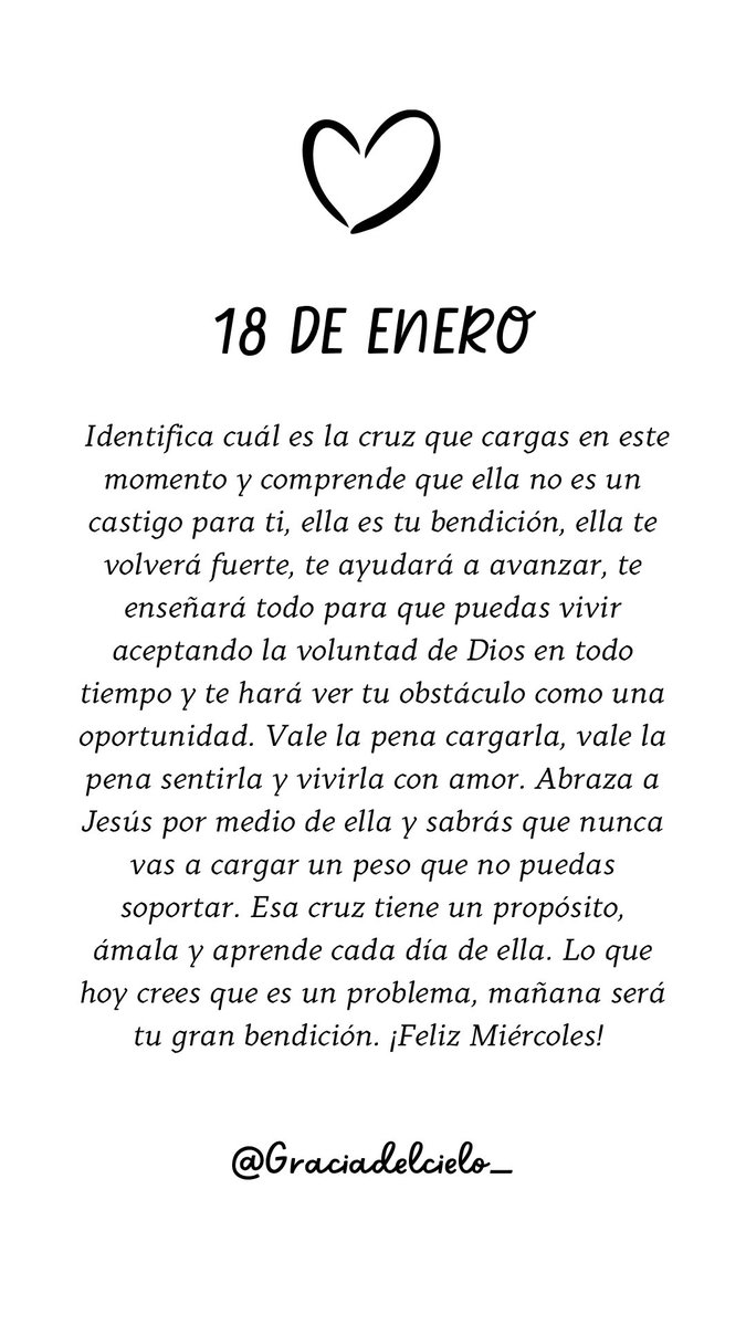 GraciadelCielo_'s tweet photo. 18 de Enero: Identifiquemos nuestras cruces de hoy y amémosla porque ellas nos llevarán a nuestra gran bendición. Hoy cargas el peso justo para ti, Dios no permite en tu vida algo que no puedas soportar. 🔥🍂 https://t.co/bQfuNJhsWf